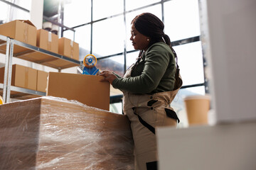 African american supevisor taping clients orders using adhesive tape in storehouse, preparing...