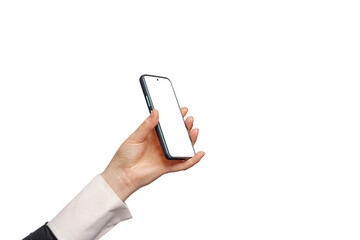  Hand holding smartphone device touching screen, isolated on free PNG background.