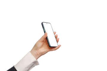  Hand holding smartphone device touching screen, isolated on free PNG background.