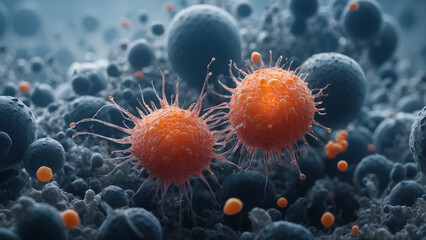Close up macro details of orange microbes molecules virus bacteria. Virus outbreak. Microbiology concept. Scientific background . Generative AI