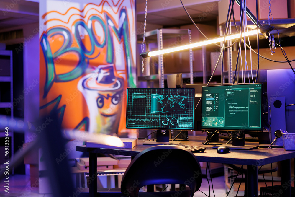 Poster hacker spyware breaching data on computer screens in dark hideout workspace. malicious software brea