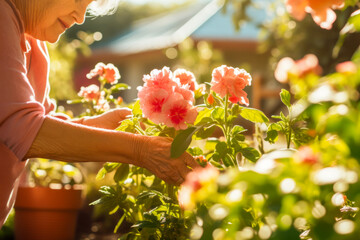Senior retired smiling lady is tenderly tending to her garden, hands carefully touching vibrant blossoms in warm sunlight. Healthy aging life. Wellness for seniors. Positive emotions for mental health