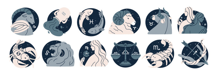 Zodiac signs, horoscope icons set. Astrology symbols, Capricorn, Taurus, Libra and Scorpio constellations. Twelve astrological avatars. Modern flat vector illustrations isolated on white background