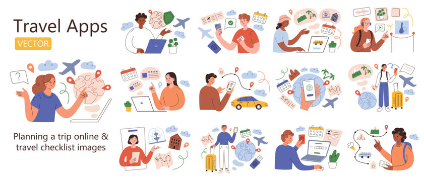 Planning a trip scenes collection, hand drawn set of traveling compositions with cartoon characters, travel checklist, vector illustrations of booking flight, hotel, excursion, travelers mobile apps