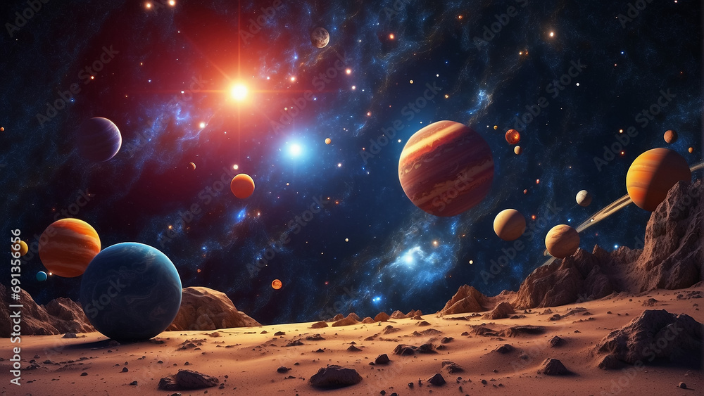 Poster 3d render of stars and planets in a cosmic display