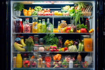 A bountiful assortment of fresh produce, colorful fruits and vegetables, and refreshing soft drinks are on display in a fully stocked refrigerator, ready to nourish and delight those who enter the in