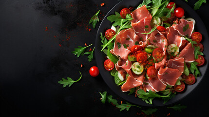 Healthy salad with prosciutto green leaves mix