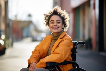 Woman sitting in a wheelchair with a bright smile curly hair and an orange jacket, background blurred