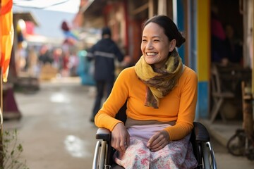 an Asian woman with an orange top sits smiling in a wheelchair