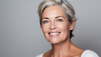 High key studio shot of an older woman with a very beautiful face, white teeth, well-groomed skin and short grey hair, copy space