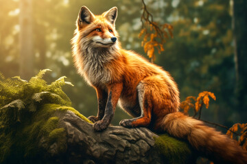 A majestic red fox gracefully perches on a log, its sleek fur blending into the surrounding grass as it gazes out into the vast expanse of the great outdoors