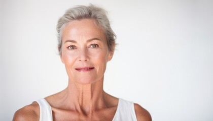 High Key Studioshot of a very pretty older woman with short grey hair, copy space