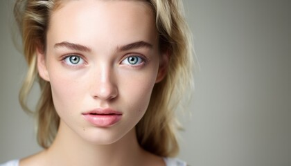 High key shot of a young blonde woman with blue eyes