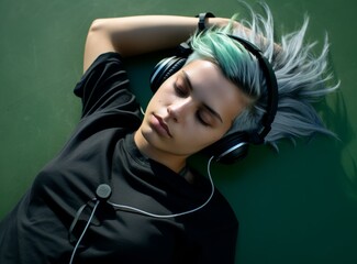 diverse person with headphones black t-shirt green hair eyes closed one arm over the head lying on a green background