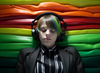 various person with headphones black top colourful strands of hair eyes closed lies on colourful background