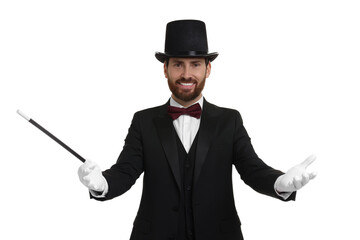 Happy magician in top hat holding wand on white background