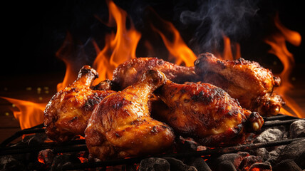 grilled chicken wings with fire in the grill - obrazy, fototapety, plakaty