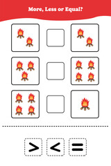 More, less or equal. Educational counting game for kids. Learning mathematic with bonfire.