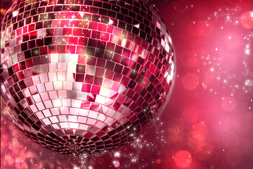 Shiny disco balls on color background with blurred lights, space for text. Bokeh effect