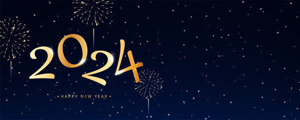 New Year firework and golden numbers 2024, blue background. Celebration New Year's Eve. banner or greeting card for Merry Christmas and happy new year, Vector illustration.