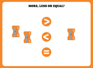 More, less or equal. Educational counting game for kids. Learning mathematic with sharpener.