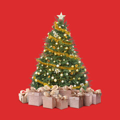 Beautiful Christmas tree with many gift boxes under on red background