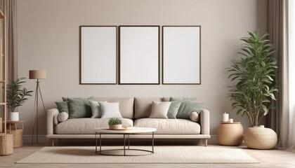 Fototapeta na wymiar Three-Mockup-frame-in-cozy-simple-living-room-interior-close-up,-3d-render