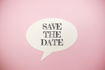 Save the date text message with Speech bubble on pink background