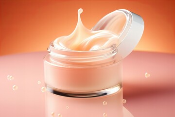 open jar of skin cream gel with droplets on a pastel peach fuzz color background, luxury cosmetics ad - obrazy, fototapety, plakaty