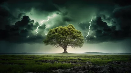 Gardinen Loleny tree in the field under under a stormy sky with lightning. Wallpaper. © Nadezhda