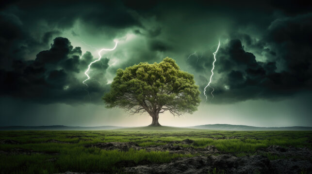 Loleny tree in the field under under a stormy sky with lightning. Wallpaper.