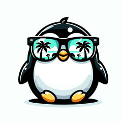 funny penguin with sunglasses that reflect palm trees on a white background
