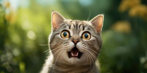 Close-up portrait of a cute tabby cat with beautiful fur, yawning and showing many adorable facial expressions.