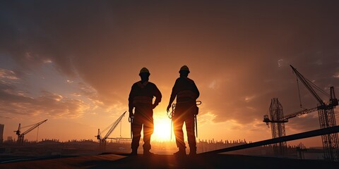 The construction team works on the project with a focus on teamwork, safety, and growing the sunset construction and engineering business. - obrazy, fototapety, plakaty
