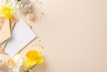 Share beauty of spring holidays with narcissus and gypsophila. From above, observe flower branches,...