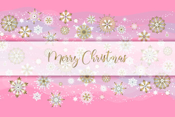 Background for holiday greeting card, banner. Falling golden snowflakes on pink background. Festive Merry Christmas lettering.