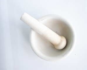 Mortar and pestle. One of the laboratory equipment. Made of ceramic. Used to refine materials, for...