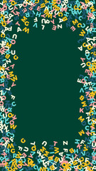 Falling letters of English language. Pastel flying words of Latin alphabet. Foreign languages study concept. Indelible back to school banner on blackboard background.