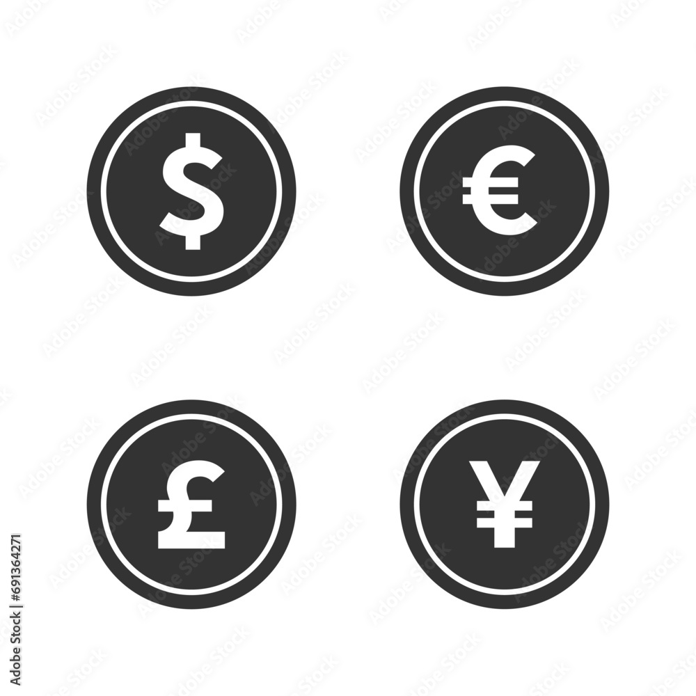 Wall mural World currencies graphic icon set. Coins different currencies isolated signs on white background. Vector illustration - Wall murals