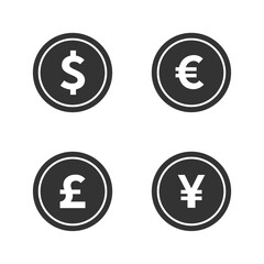 World currencies graphic icon set. Coins different currencies isolated signs on white background. Vector illustration