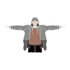 colorful illustration of a person in a hoodie holding his arms outstretched for an icon or logo