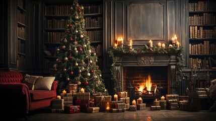 A Christmas background featuring a richly decorated tree, gifts, and a fireplace in an elegant library setting, perfect for Happy New Year and Merry Christmas images. Generative AI.
