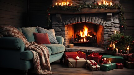 Rustic Christmas background with a roaring fireplace, festive tree, and gifts, perfect for Happy New Year and Merry Christmas images. Generative AI.