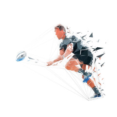 Rugby player throwing ball, low poly isolated vector illustration, side view