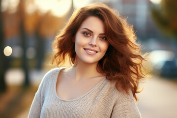Fototapeta premium Woman with long red hair smiling at camera.