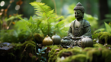 buddha statue on a rock in a blurred green bamboo jungle with smooth water surface, fresh natural spa wallpaper concept with asian spirit - obrazy, fototapety, plakaty