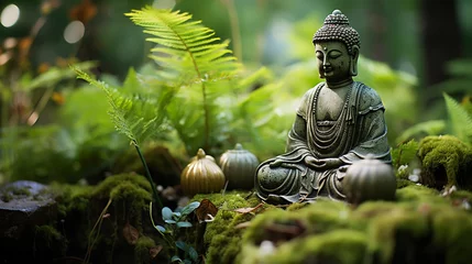 Deurstickers buddha statue on a rock in a blurred green bamboo jungle with smooth water surface, fresh natural spa wallpaper concept with asian spirit © alexkich