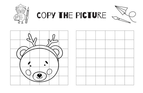 Draw The Portrait Of A Bear With Deer Horns. A Printable Black And White Activity For Kids To Copy Or Complete The Picture On The Coloring Page