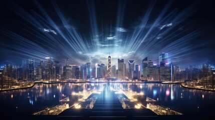 a light show is showing in front of the cityscape in bangkok, thailand, in the style of daz3d,...