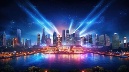 a light show is showing in front of the cityscape in bangkok, thailand, in the style of daz3d,...